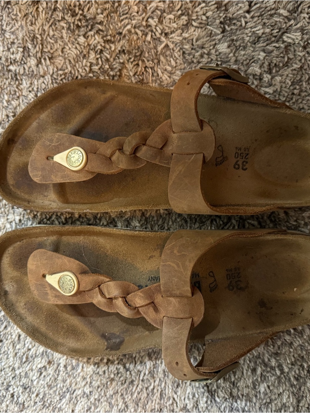 Birkenstock Brown Braided Toe-Post Sandals with Gold Accent